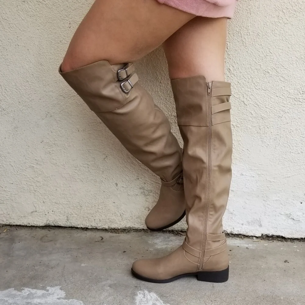 Leatherette Buckled Strap Accent Knee High Riding - Picture 4 of 5